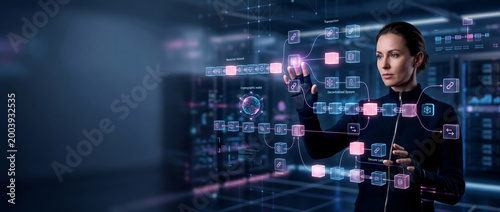 Woman interacting with a digital interface showing data flow and connections in a futuristic setting