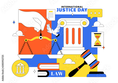 International Justice Day Vector Illustration Featuring Legal System Balance Scale Court Gavel Peace Equality and Global Justice Design