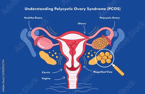 Understanding Polycystic Ovary Syndrome (PCOS) Diagram Showing Ovary, Uterus and Cysts