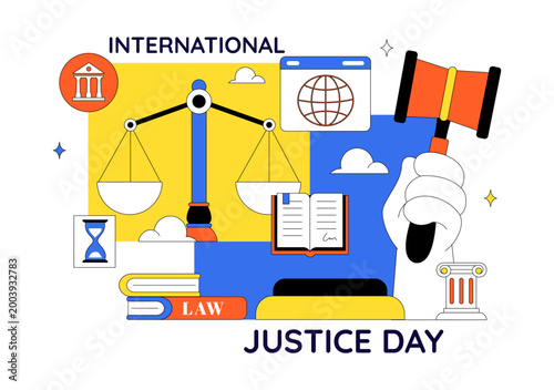 International Justice Day Vector Illustration Featuring Legal System Balance Scale Court Gavel Peace Equality and Global Justice Design