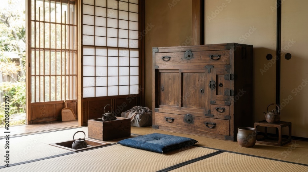 Naklejka premium Ebanistería japonesa tradicional con artesano trabajando la madera, herramientas manuales, tatami, shoji y muebles restaurados en taller cálido. Generado por IA.