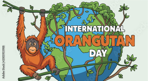 Photography Orangutan hanging from branch on globe with green leaves in colorful illustratio