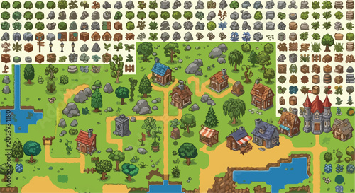 Pixel art medieval village game assets, fantasy RPG world map construction kit, isometric town buildings and nature environment vector set