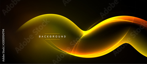 Abstract golden waves flow across black background. Dynamic lines create modern, elegant visual effect. Smooth curves suggest movement, energy.