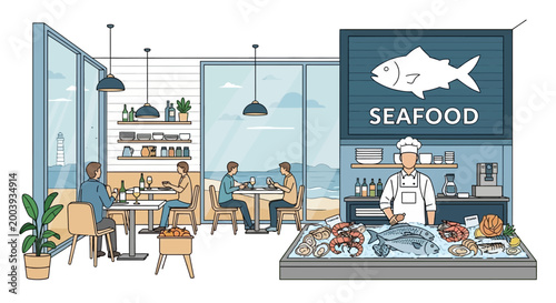 Fotografija Chef standing behind seafood counter display.
