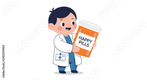 Cartoon doctor holding happy pills.