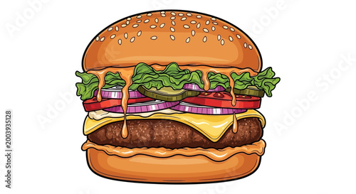 Juicy cheeseburger with lettuce and tomato.