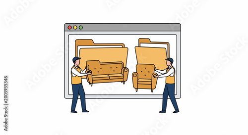 Two men moving furniture through a computer browser window indoors