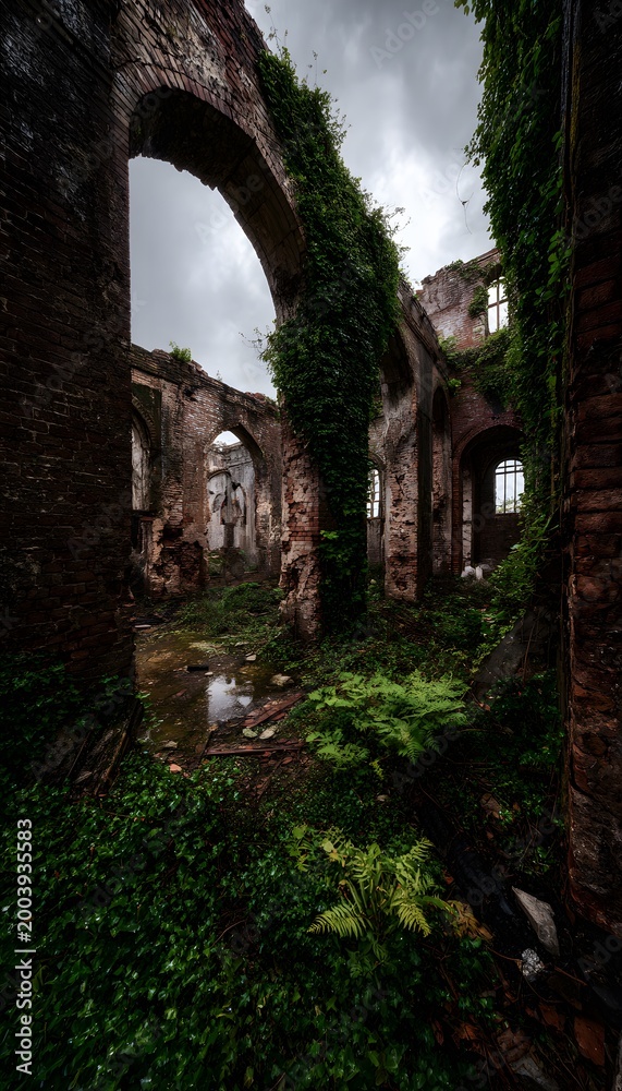 Naklejka premium Forgotten industrial ruins embrace nature a poignant scene of decay and reclaiming wild beauty
