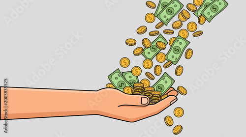 A hand scattering money and coins illustrating financial abundance and generosity