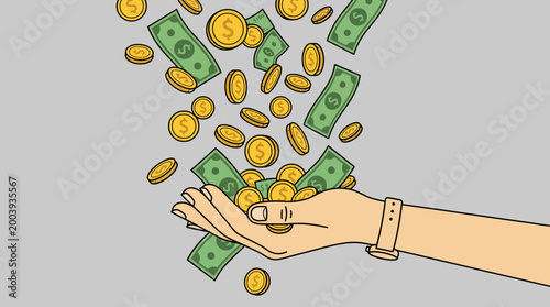 A hand is catching falling money and coins in an illustration.