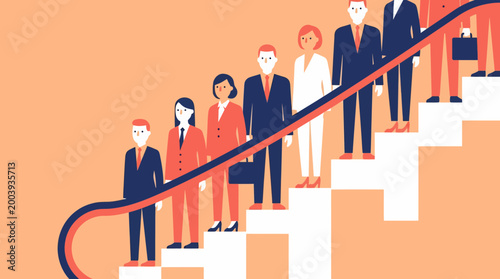 People in business attire walking up a staircase with a railing