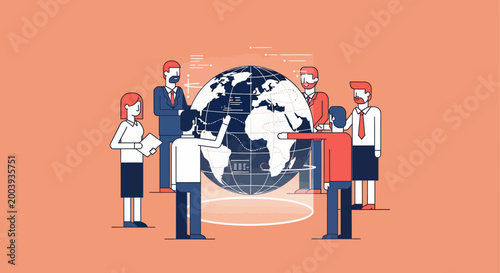 People from diverse cultures gather around a large globe in a meeting