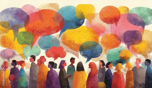 A diverse group of people converse amidst colorful, overlapping speech bubbles
