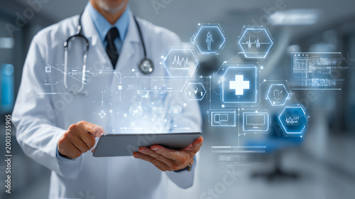 A medical professional uses a tablet to access health data, showcasing technology's role in modern healthcare.