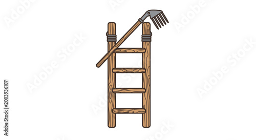 Fotografi Wooden Ladder with Garden Rake.