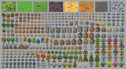 Isometric game assets collection, medieval fantasy world map elements, cartoon village buildings and nature environment vector set for strategy games