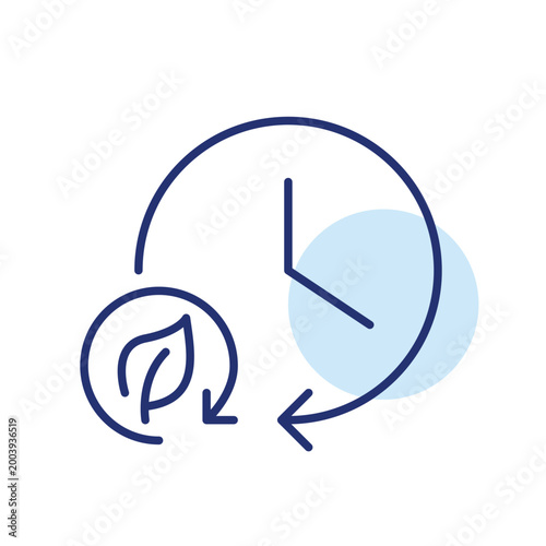 Leaf and renew arrow with clock. Sustainable schedule, eco-friendly lifestyle. Pixel perfect, editable stroke vector icon