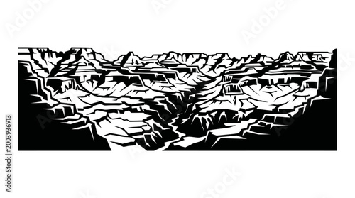 Grand Canyon silhouette vector for travel, adventure, nature, tourism, education, branding, wilderness, heritage, geology, and design projects worldwide