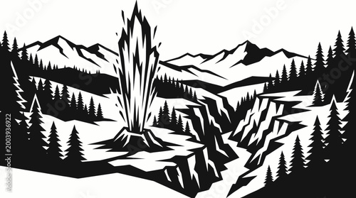 Yellowstone geyser eruption silhouette vector for travel, adventure, nature, tourism, education, branding, wilderness, heritage, and design projects worldwide