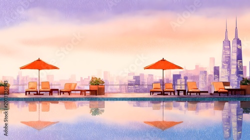 Luxury rooftop pool at dusk serene city view elegant hospitality illustration peaceful pastel twilight reflections