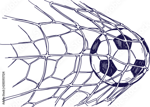 Soccer ball breaking through a net a dynamic sketch