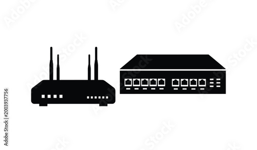 This image displays a black silhouette of a wireless router and a network switch conveying modern connectivity solutions silhouette high quality professional detailed elegant
