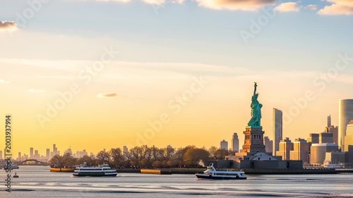 New York City skyline with Statue of Liberty at sunset