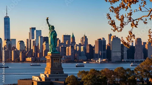 Statue of Liberty with Manhattan skyline at sunset