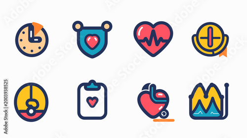 Collection of Colorful Health and Medical Icons Representing Wellness and Care Elements