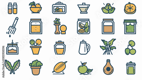 Collection of Colorful Kitchen Ingredients and Cooking Utensils in Various Jars and Containers