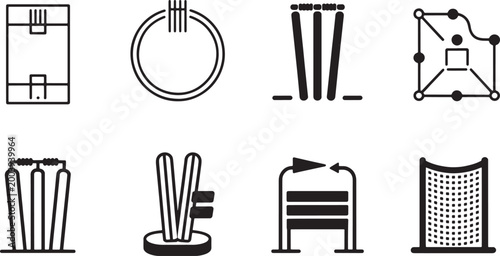 Cricket equipment and game symbols in 8 black icons showing stumps, pitch, and field