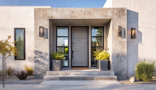 Modern entryway with concrete walls, glass doors, and stone accents