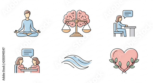 Mental health and wellness illustrations with people and symbols