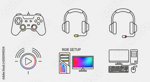 Vector gaming setup with controller and accessories on light gray background