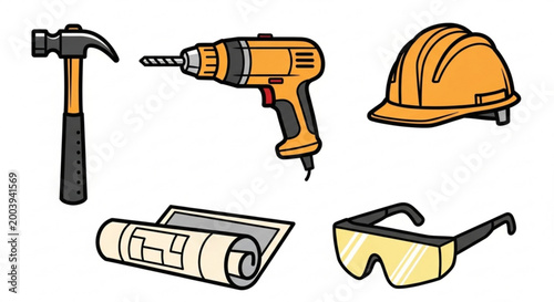 Set of construction tools and safety equipment