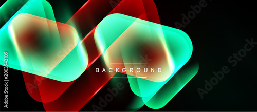 Abstract neon shapes overlap, creating vibrant light effects. Dark background emphasizes glowing colors, modern design element.