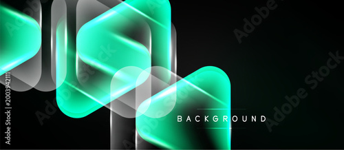 Abstract geometric shapes overlap, creating luminous effect. Dark background enhances vibrant turquoise glow. Modern design element.