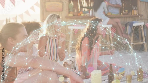 Friends sitting on rug, guitarist entering and strumming, animated dome hovering over group, travel