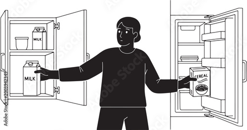 Person choosing between milk and cereal in kitchen, breakfast concept.