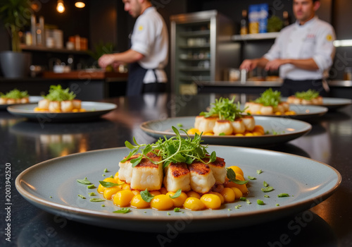 Gourmet dish with microgreens in the foreground, chefs garnishing identical dishes for service in a blurred background, professional kitchen and fine dining preparation.