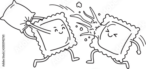 Two ravioli characters having pillow fight, fun food cartoon.