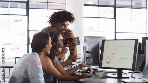 Woman moving mouse and pointing at chart, peer leaning and clarifying business results via overlays