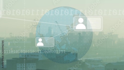 Blue globe appearing over harbor, user boxes linking, grid turning, binary stream mapping network