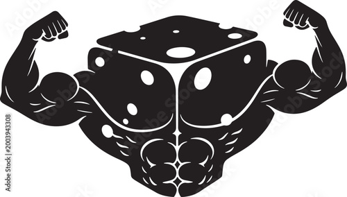 Mascot character silhouette of a muscular cheese block flexing arms bodybuilder.