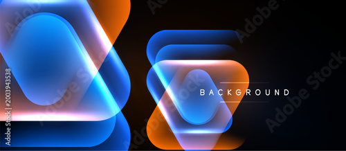 Abstract neon shapes overlap, creating vibrant gradients. Dark background emphasizes glowing lines, modern design element.
