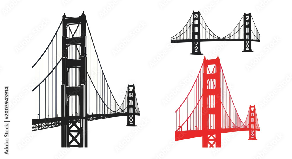 Fototapeta premium Golden Gate Bridge Silhouettes: Red, Black, and Sketch Style