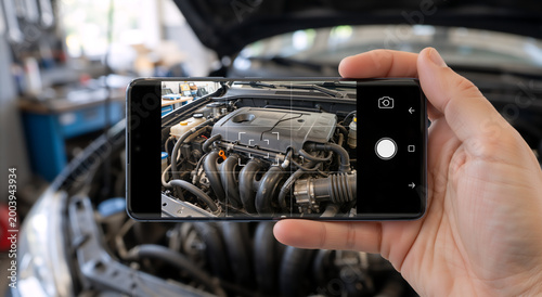 Hand holding smartphone taking photo of car engine. Mechanic using mobile phone for diagnostics