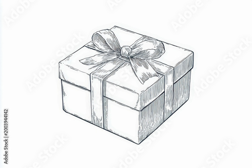 Detailed hand-drawn illustration of a square gift box wrapped with a ribbon and topped with a large, neatly tied bow on a white background