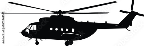 Quadro em tela Silhouette of a heavy lift transport helicopter isolated on transparent background, aviation and military aircraft